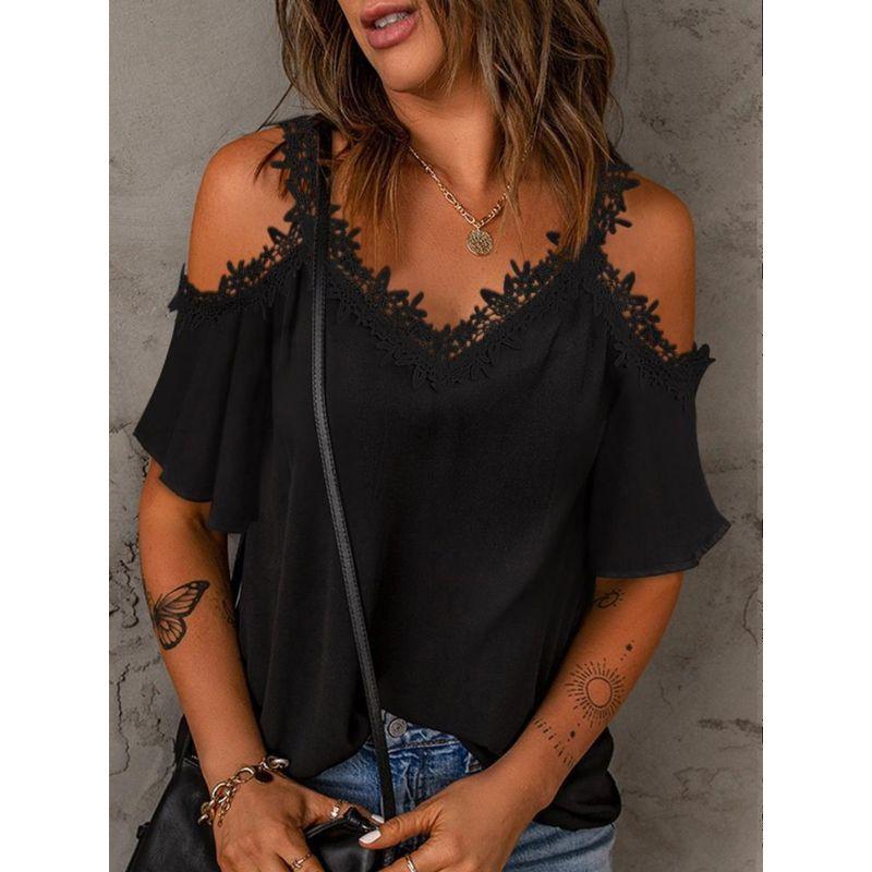 

Модный стиль Уличный стиль Короткий рукав Летний Элегантный Горячая распродажа Сексуальный Амазон Новый V-образный вырез с открытыми плечами Кружевная футболка с коротким рукавом Женская Black S