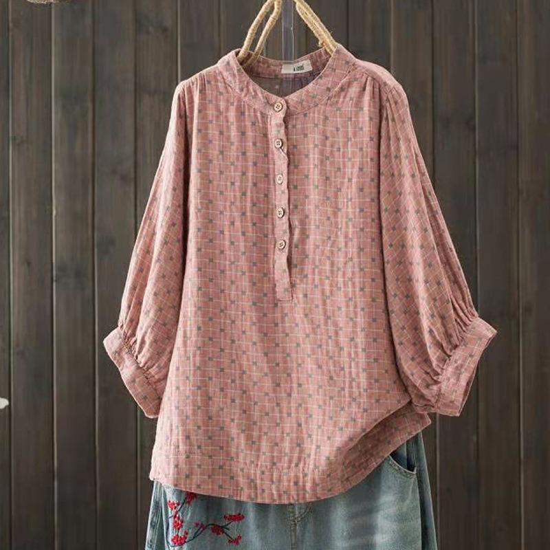 Short-sleeved Double-layer Cotton Yarn Shirt Women's Large Size Pullover Shirt Thin Stand-up Collar Shirt
