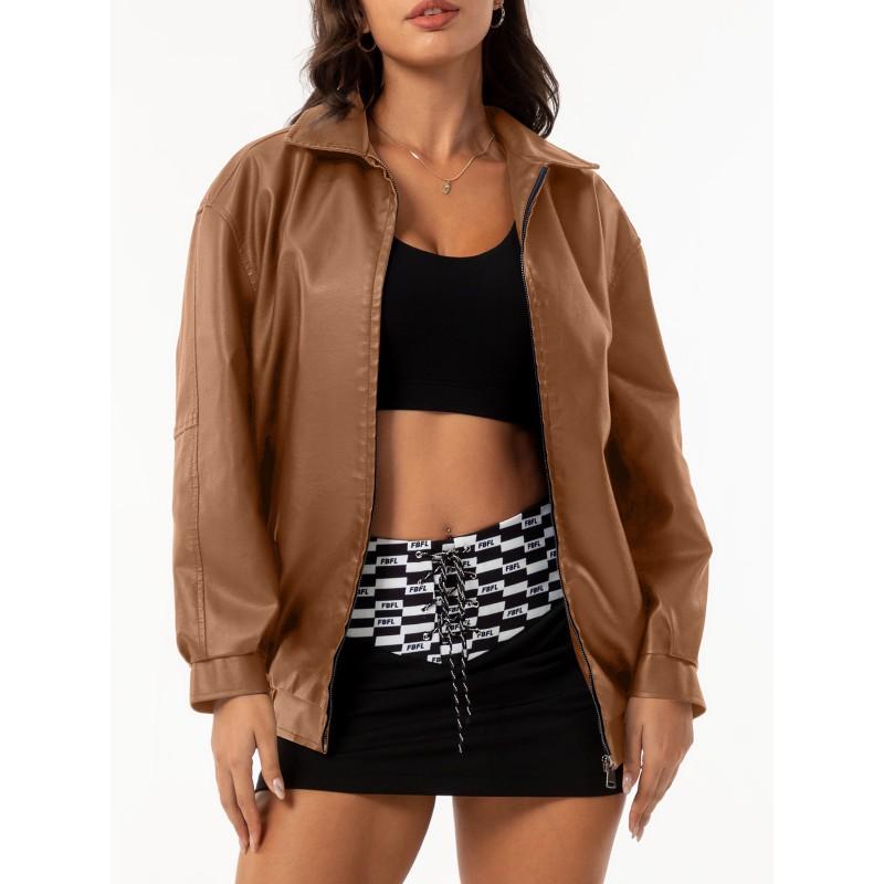 Womens Oversized PU Leather Jacket Loose Fit Long Sleeve Turn-Down Collar Casual Coat