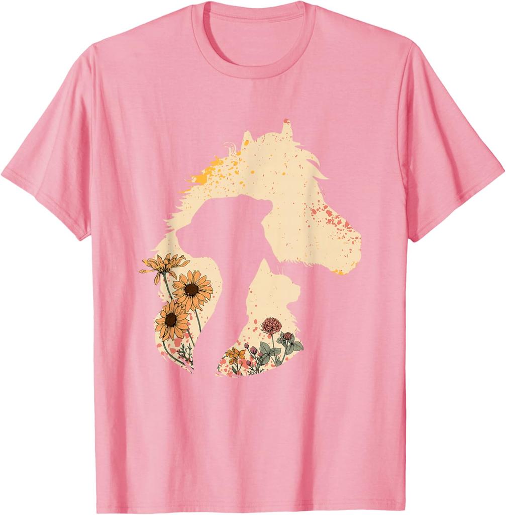 Pferd Hund Katze Silhouette Floral Boho Vintage Grafik T-Shirt Weiches Lässiges Baumwoll-T-Shirt Damen