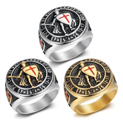 Ring Men's Gold-plated Ring Vintage Templar Red Shield Ring