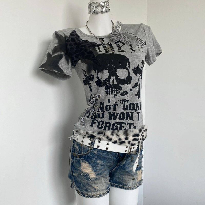 

American Retro Vintage Shibuya Hot Girl Short-Sleeve T-Shirt for Women, Summer Slim-Fit Design with a Cinched Waist Top C6068 Gray T-Shirt S