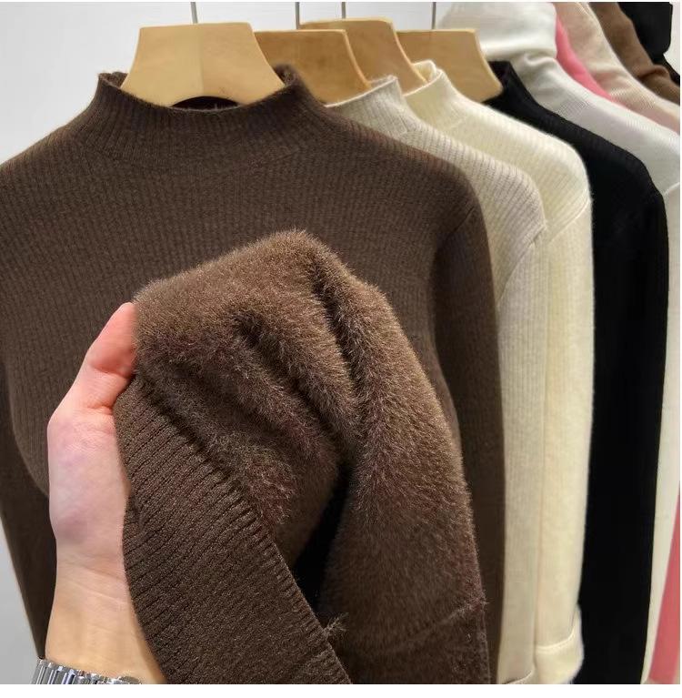Women's Autumn Winter Half-High Neck Sweater Fleece-Lined Thickened Integrated Fleece Knit Top Warm Inner Wear Base Layer