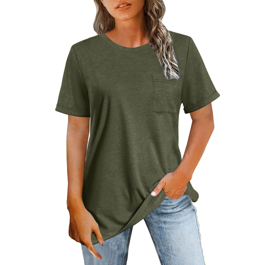 Damenmode Rundhals T-Shirt Farbe Lockerer Schnitt Kurzarm Oberteil