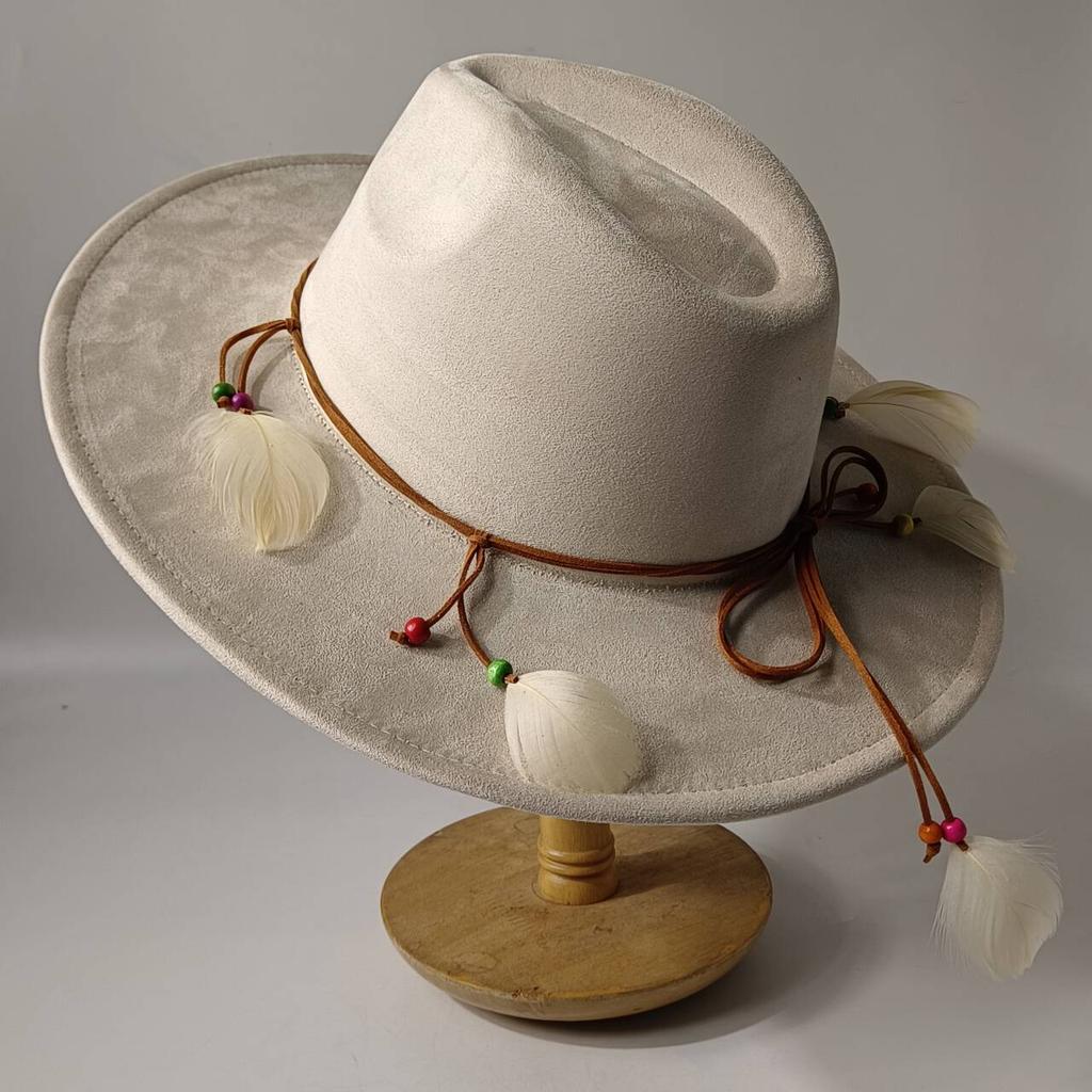 2026Bohemian style suede hat, brim 9.5 cm fedora with feather accessories, classic church hat, wide brim hat, women's hat