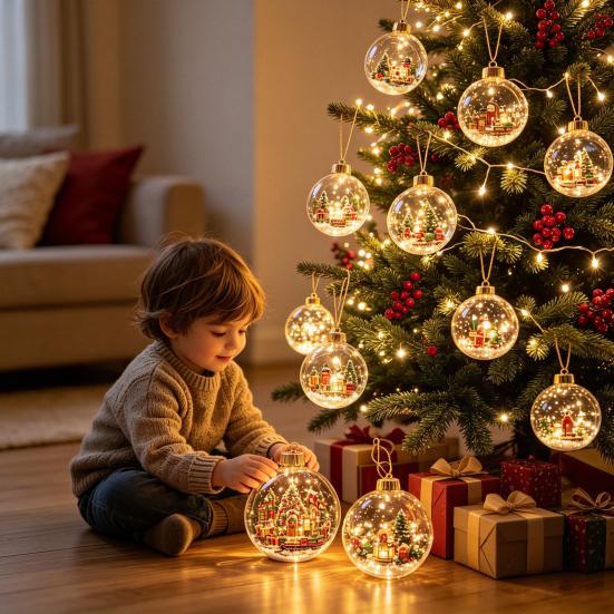 Decorative Acrylic Christmas Ornaments Tree Crystal Ball Pendant with LED Light, Built-in Christmas-themed Gift for Family Pattern Design, Hanging