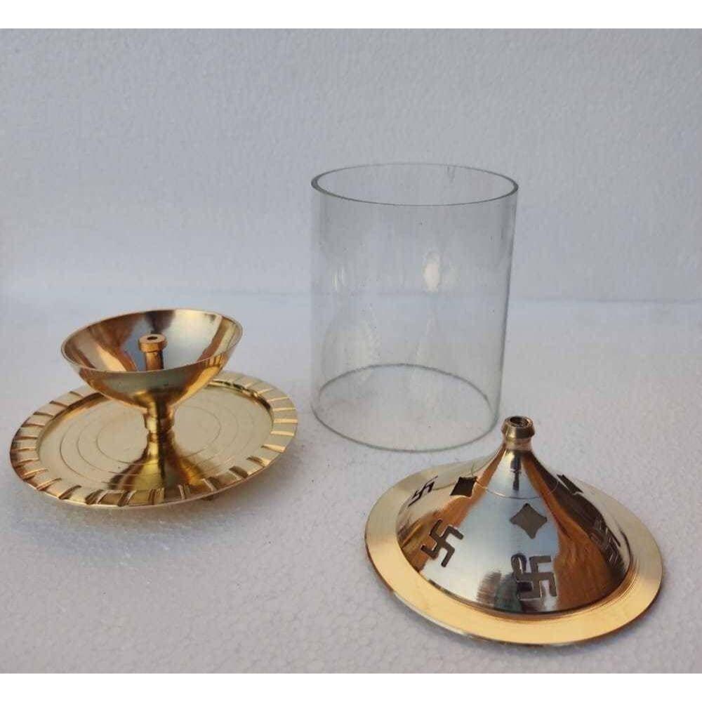 Brass and Glass Akhand Deep Diya with Cover for Puja | Deepam Jyot Diya Oil Lamp | Pooja Articles and Pooja Items for Home Temple 4.8 Inch
