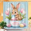 1pc Easter Bunny Shower Curtain - Cute Brown Bunny, Pink Tulips & Eggs, Pastel Blue Background, Polyester,  Spring Decor