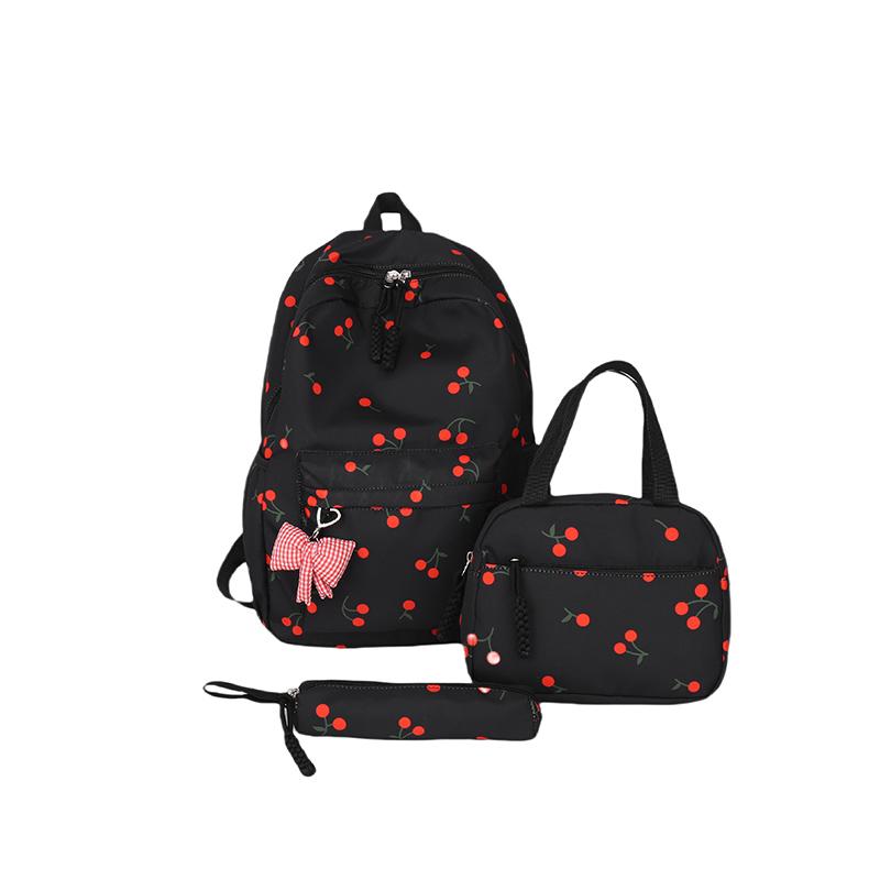 Three-Piece All-Match School Bag Large Capacity Laptop Backpack Cherry Printed Kawaii Nylon Backpack School Outdoor Backpack