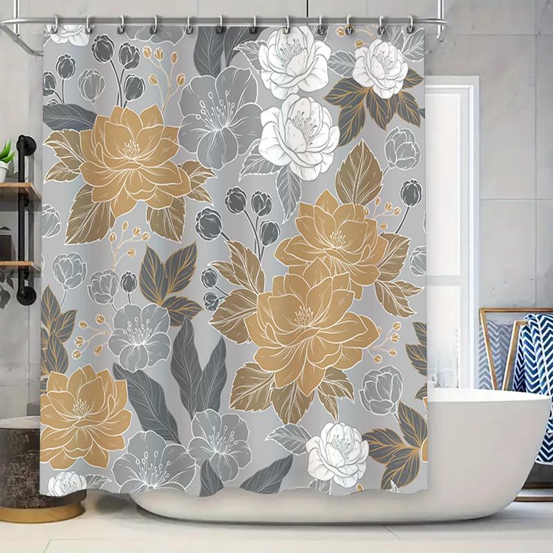 

Luxury Floral Shower Curtain Set: Modern Bathroom Decor With White Flower Print On Grey Fabric Size 60 X 72, Perfect For Home De W60H190(CM)-1 Pcs