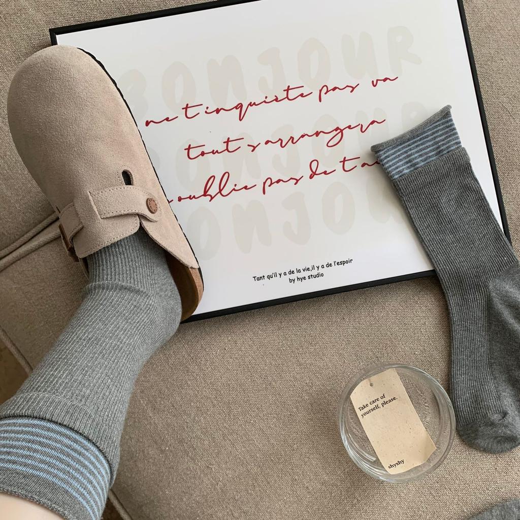 Autumn Gray Gray Double Needle Stack Socks Women'S Medium Stripe Solid Color Lace Double Screw Mouth Simple And Versatile