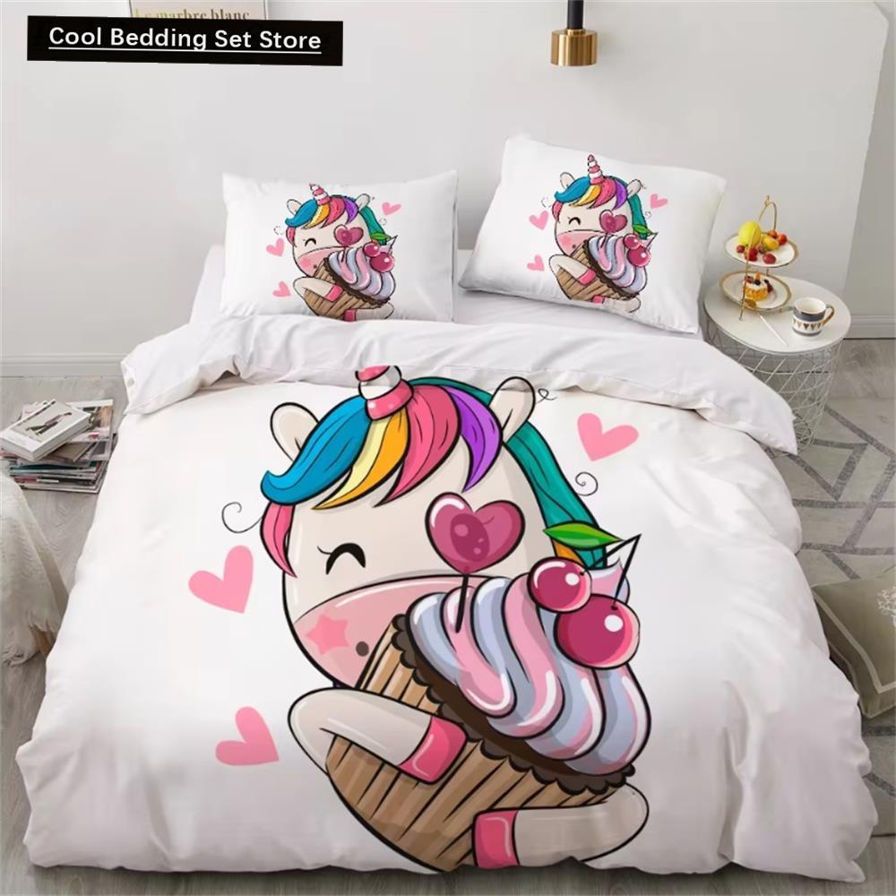 Kinderbettwäsche-Sets, Geschenke, Bettbezug-Sets mit Einhorn- und buntem Pferdedruck für Kinder, Mädchen und Jungen, 2/3-teilig, einzelne rosa Steppdecken