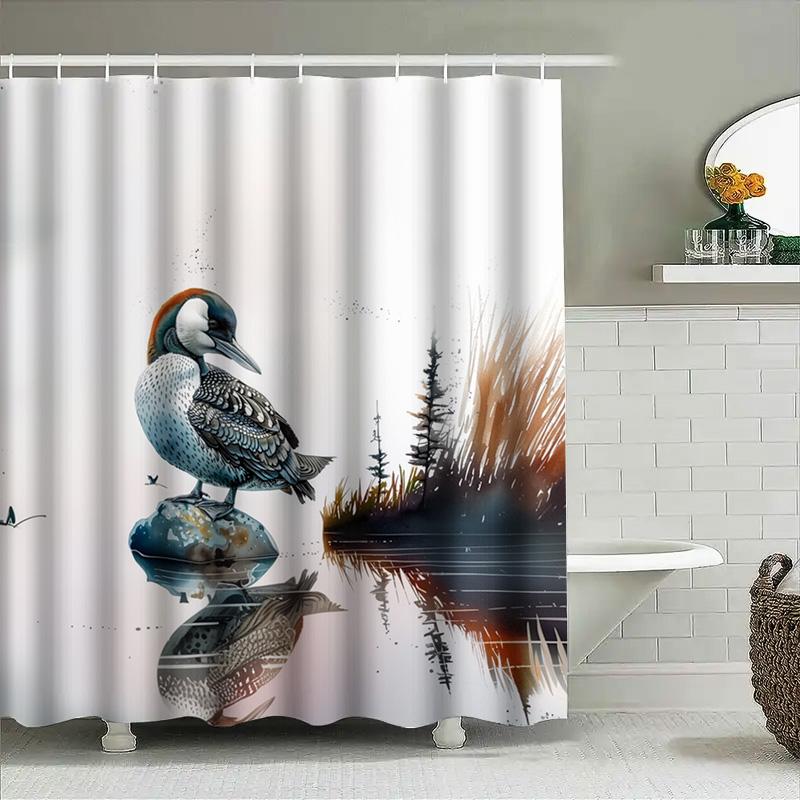 Modern Peacock-themed Shower Curtain Waterproof Bathroom Decor with Natural Lake Scene Printing for Home Decoration Available in