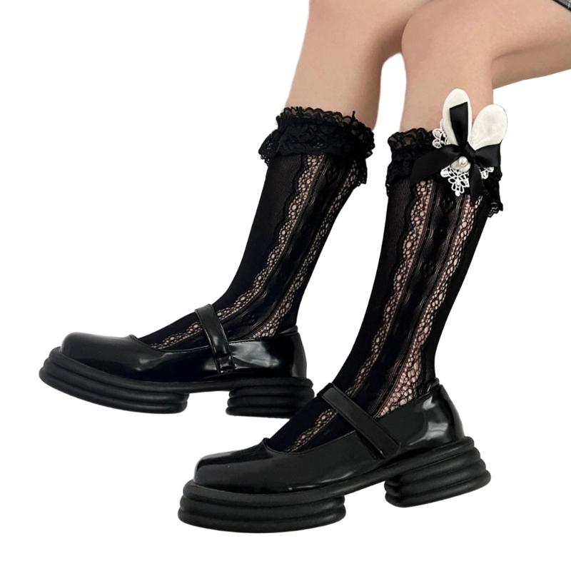 Womens Girls Ballet Style Bow Lace Knee Highs Cute Sheer Socks Mesh Fishnet Stockings Nylon Sweet Lolitas Calf Socks