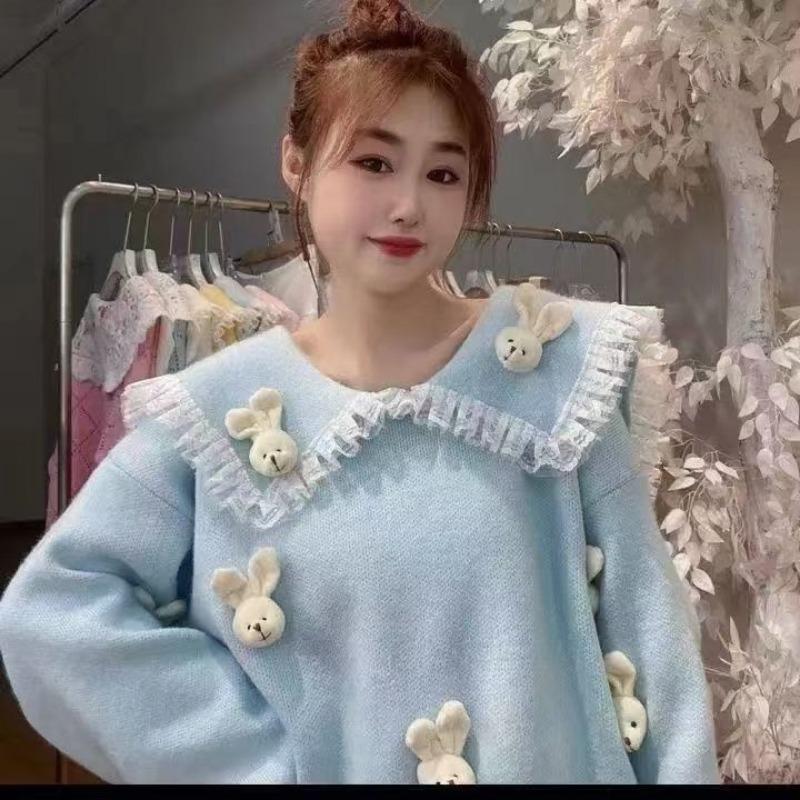 Pullover Pullover Herbst und Winter Neue Puppe Neck Spitze Design Sinn Kaninchen Pullover Weibliche 2023 Pullover Strickwaren Pullover Weibliche