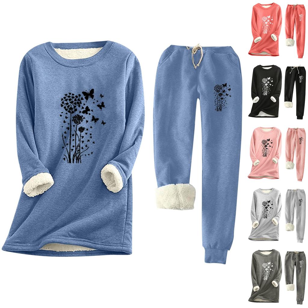 Women's Print Round Neck Warm Suit Long Sleeve Fleece Drawstring Sweatpants Two-Piece Set