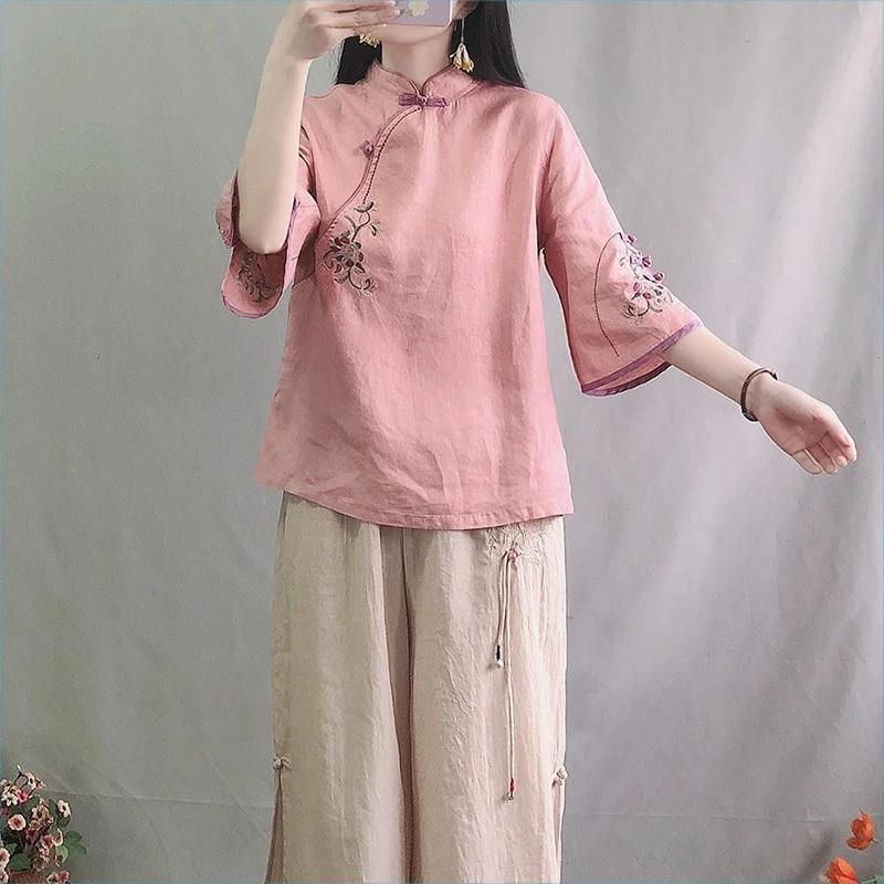 Spring Summer Retro Seven Quarter Ladies' Cotton Linen Shirt Blouse Chinese Traditional Women's Formal Top Ttang Costume Hanfu