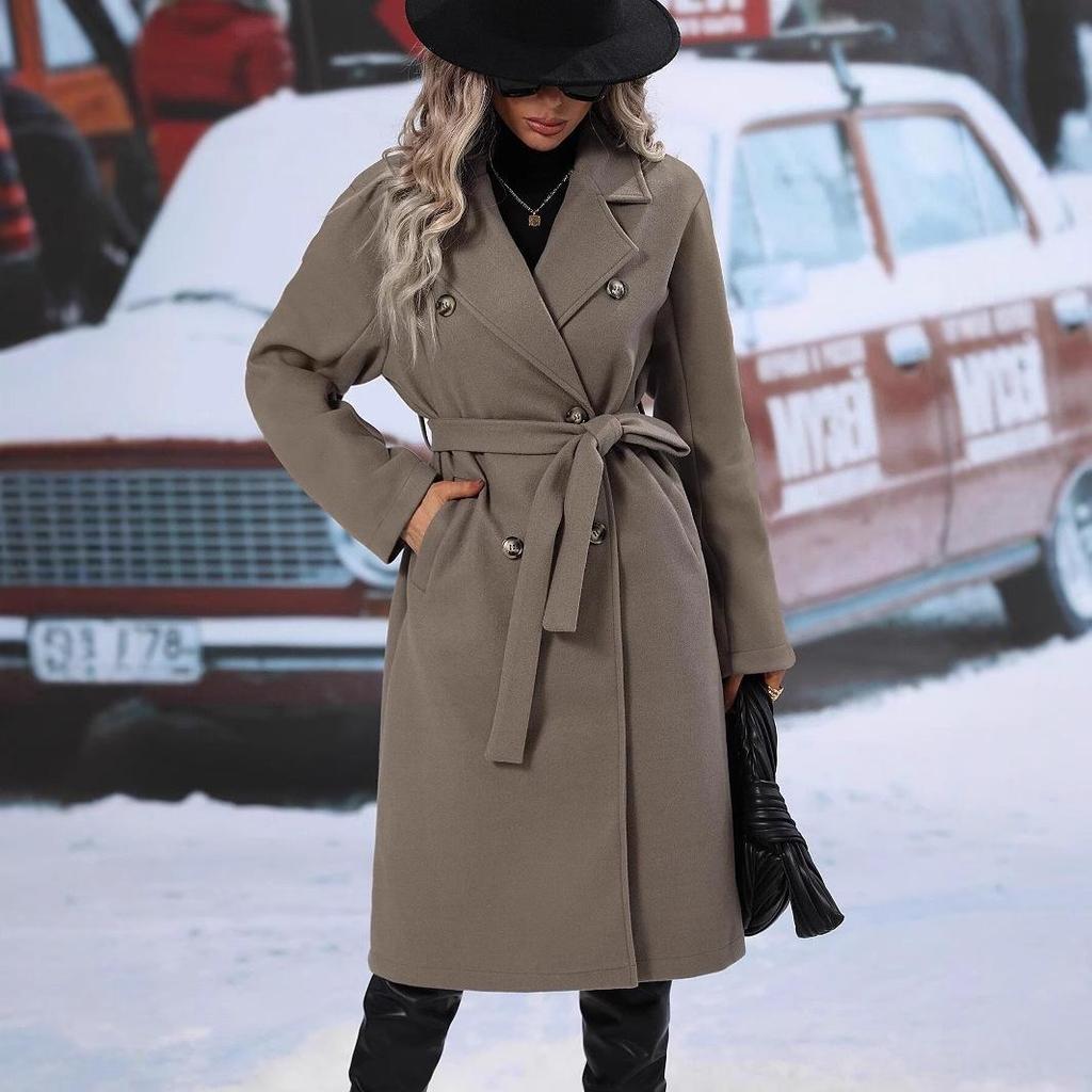 2025 Cross-Border Double-Breasted Solid Color Wool Coat with Lapel - Extra Long for Spring & Autumn