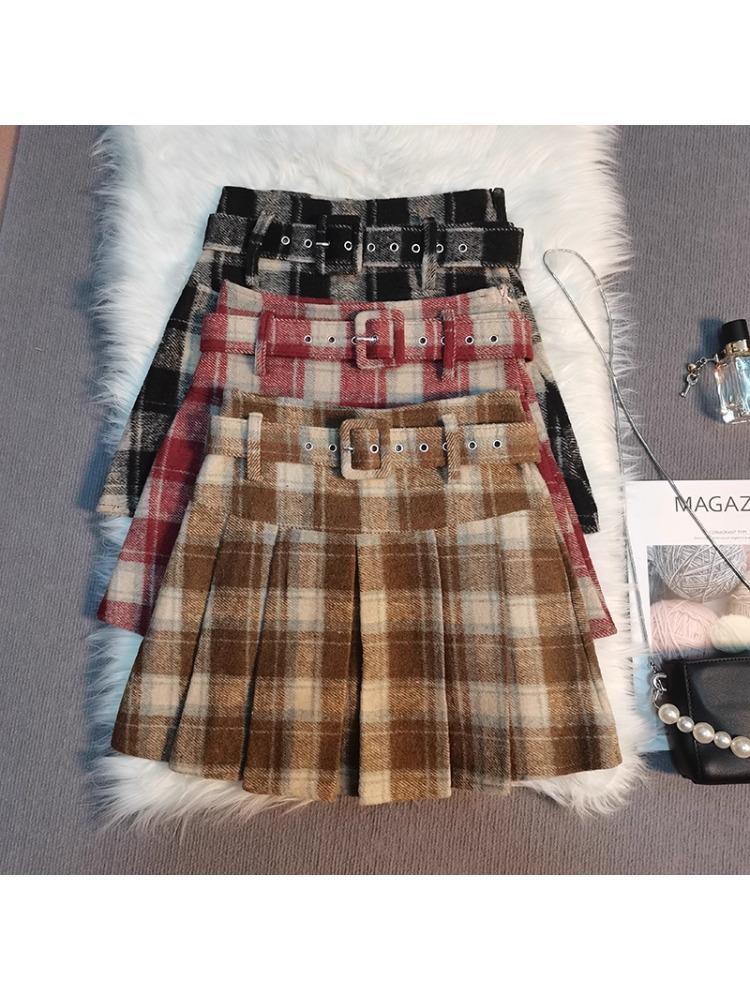 High-Waisted Plaid Woolen Pleated Skirt - Women's A-Line Autumn/Winter 2025 Academy Style
