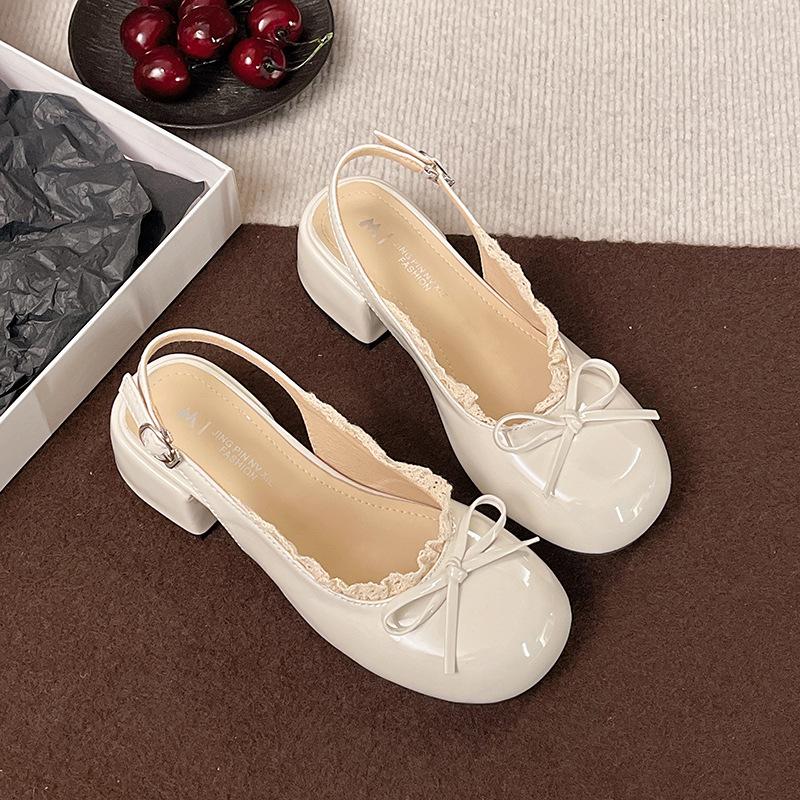 Niche design bow with lace thick heel cool slippers women's summer new one-word sandals