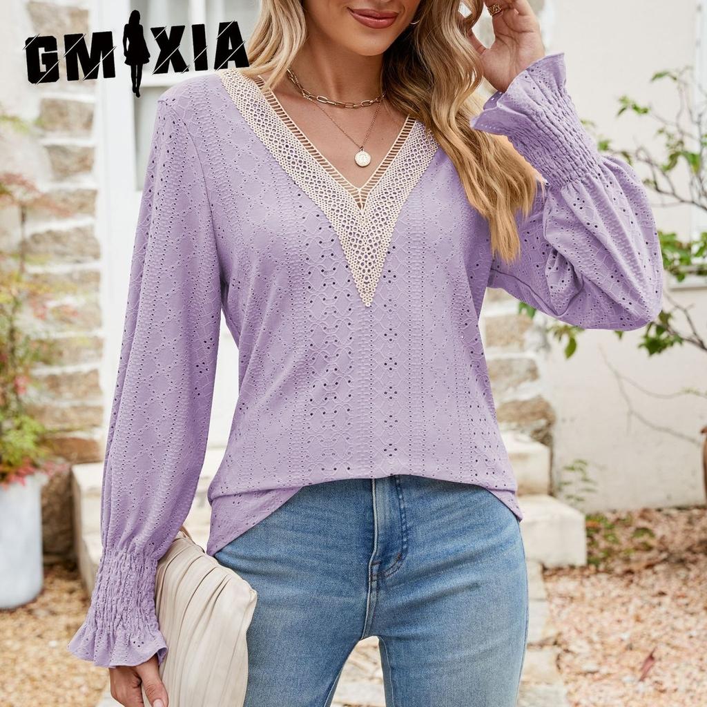 GMXIA Autumn Winter Solid Color Lace Splicing V-neck Long Sleeve Loose T-shirt Top