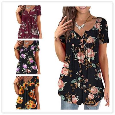 Women Casual Floral Print Short Sleeve Henry Shirt Summer 2025