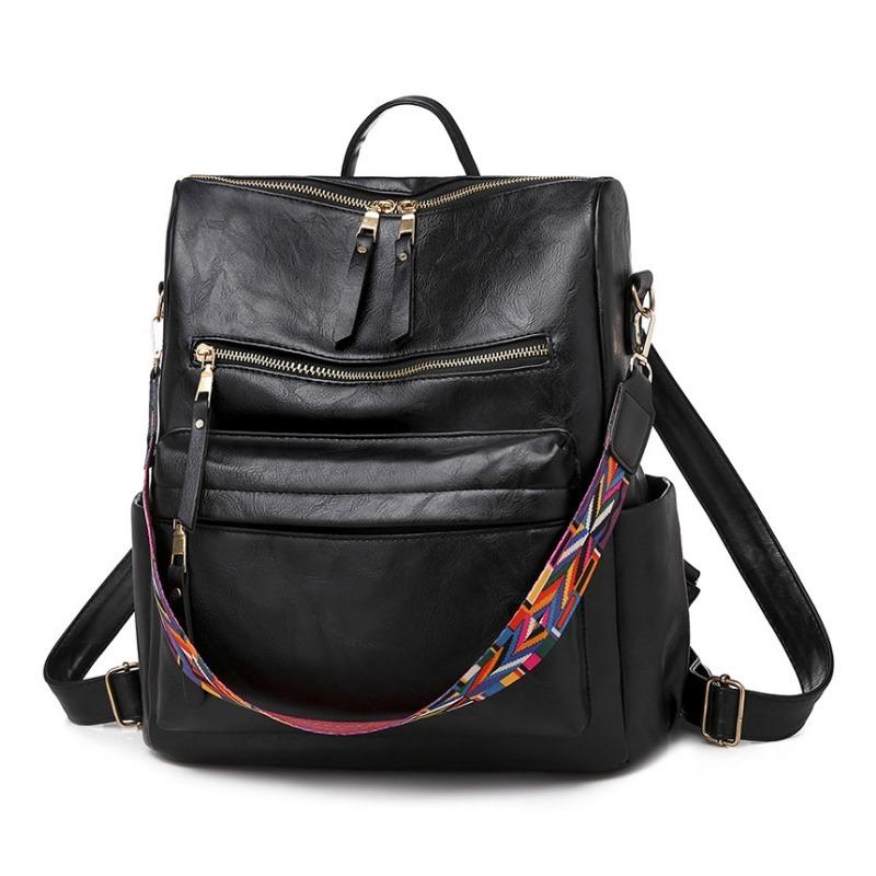 Retro High Capacity Women's Backpacks High Quality PU Leather Waterproof Ladies Shoulders Bag Fashionable Widened Shoulder Strap Girl Female Rucksacks