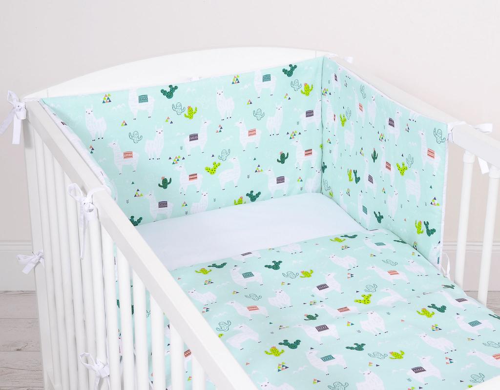 Children's 2-piece cotton bedding set 120x90 cm - mint/white llamas