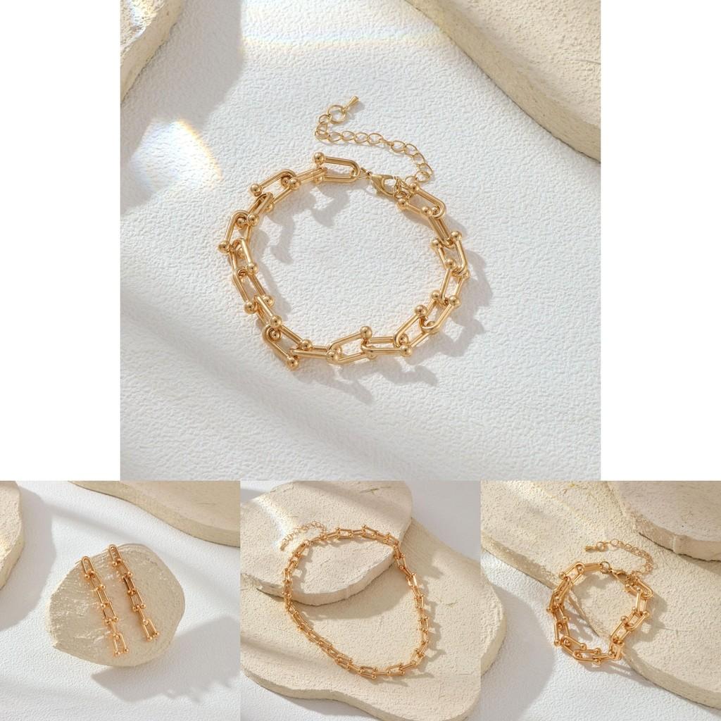 Contemporary Minimalist Horseshoe Buckle Chain Jewelry Set Bracelet Necklace Earrings