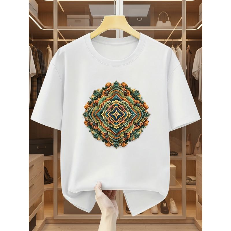 Men'S T-Shirt Mandala Style Print Round Neck Short Sleeve T-Shirt Unique Artistic Pattern T-Shirt Comfortable Casual Short-Sleeved T-Shirt In Summer