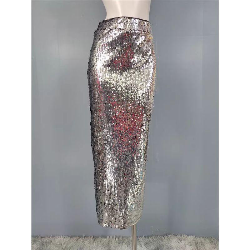 Foreign Trade Order Lu Home High Quality High Waist Slimming Sequins Sheath Gyaru Stage Style Shiny Party Split Skirt