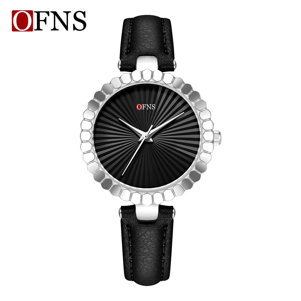 Oufanni Women's Sunburst Quartz Watch with Cowhide Strap – Waterproof, Fan-Shaped Versatile Design, Model 1643.