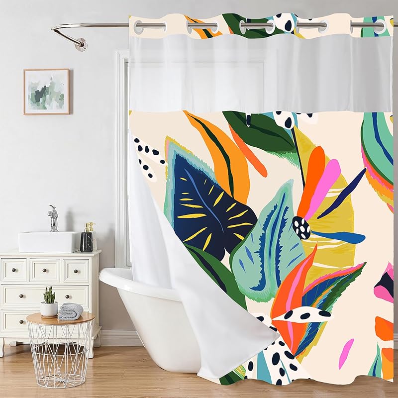 No Hook Pink Bow Shower Curtain and Liner Set Cute Shower Curtain with Snap in Liner Fabric Bathroom Curtain with Liner Set Double Layers Waterproof