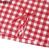 VONDA Damen Sets Kurzarm Schleifenknoten Karomuster Oberteile und Shorts mit elastischer Taille Outfits