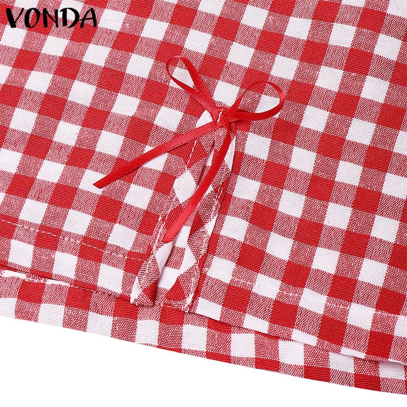 VONDA Damen Sets Kurzarm Schleifenknoten Karomuster Oberteile und Shorts mit elastischer Taille Outfits