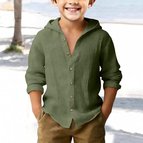 Boys  Linen Button Shirt - Long Sleeve Casual Top 110 армия зеленый