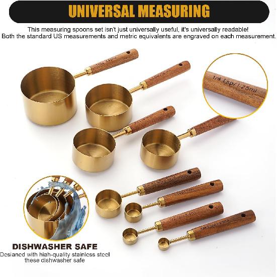 SHIKORI Gold Measuring Cups and Spoons Set with Wood Handles, Premium Stainless Steel Measuring Spoons and Measuring Cups Set-Gold