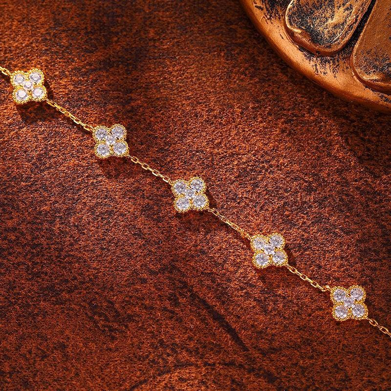18K Gold-Plated 925 Sterling Silver Butterfly & Four-Leaf Clover Bracelet with Zircon and Flower Design for Women