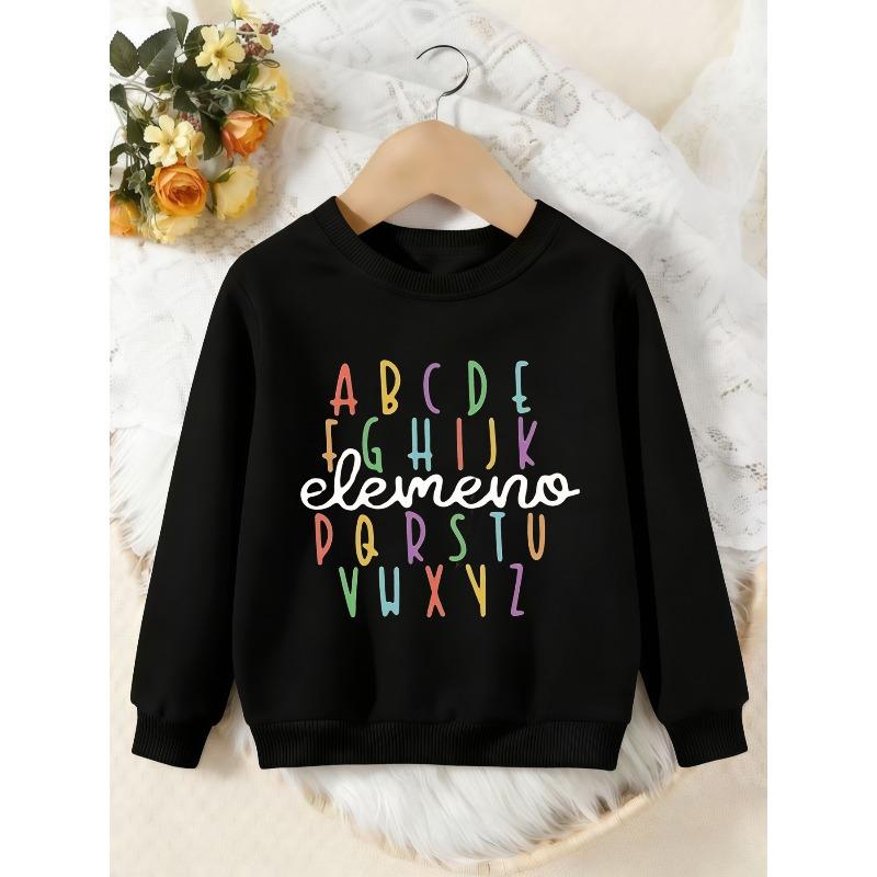 Unisex Kids Crewneck Sweatshirt, Colorful Alphabet Elemeno Letter Print Pullover, Boys Girls Educational Casual Sweatshirt For Kids Over 4 Years Old