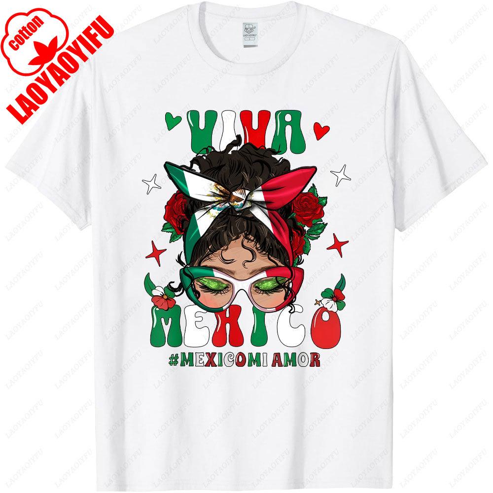 Viva Mexico Messy Bun High Quality TShirt Mexican Girl Hair Flag Graphic Women Clothes Mexico Pride Shirt ONeck ShortSleeve