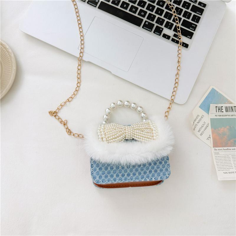 Adorable Cartoon Bow Design Kids Shoulder Bag With Stylish Chain And Pearls Pearl Light Blue