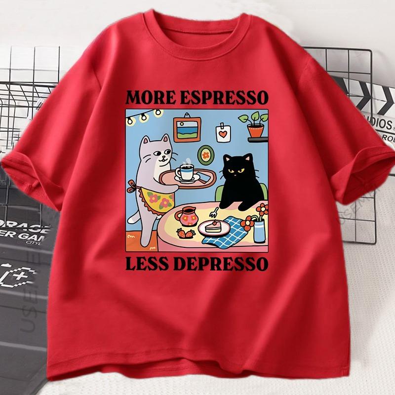 More Espresso Less Depresso Cat Coffee Graphic T Shirt Funny Coffee Lover Tee Unisex Casual Cotton Streetwear Short Sleeve Tops