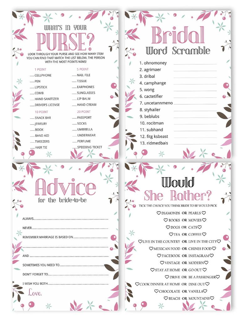 Inkdotpot Floral Bridal Shower Games Set Of 4(50 Sheets Each) W   Miss To Mrs Gold Banner Fun Bachelorette Party Games Set