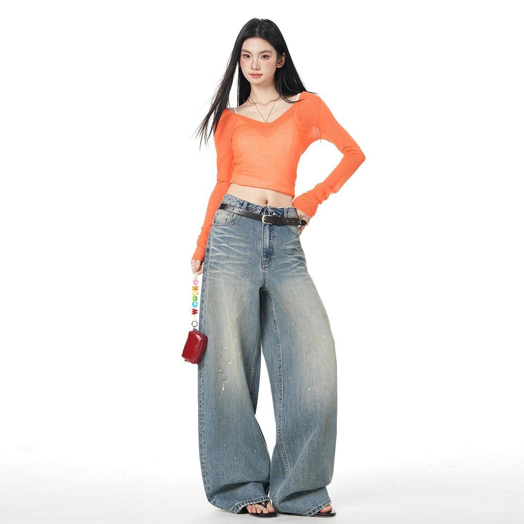 Spring Summer Vintage Cuffed Waist Relax Straight Wide Leg Denim Pants For Ladies Casual Pants Oversize Denim Trousers