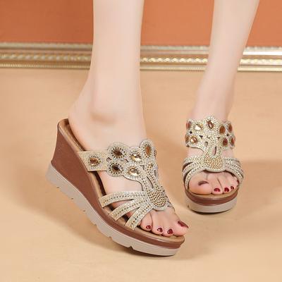 Wedge Heel Slippers Women's Summer 2024 New Fashion Rhinestone One-character Slippers Comfortable Hollow Fish Mouth Cool Slippers