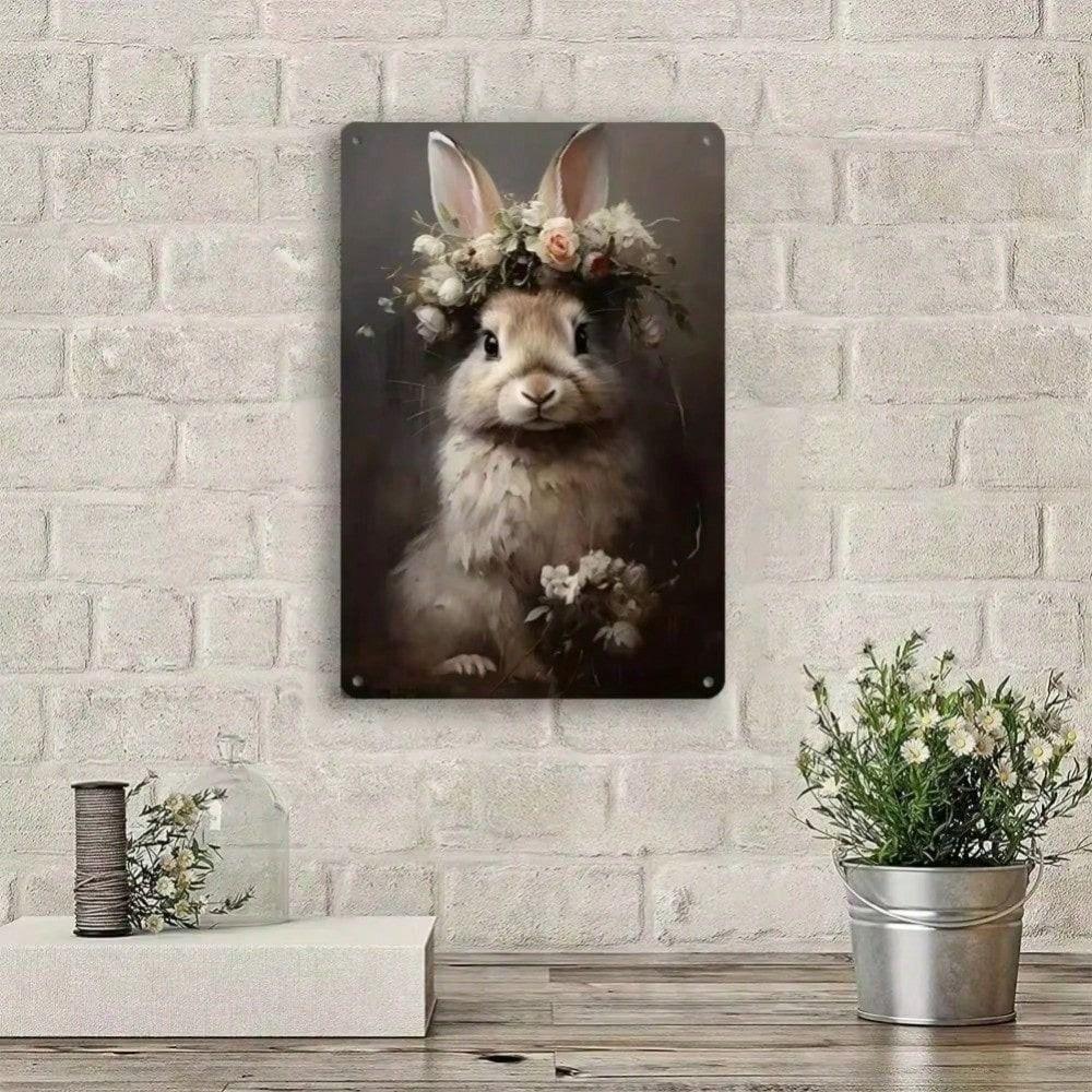 Vintage Easter Bunny Metal Wall Sign, Rabbit Flower Poster for Home Bar Decor