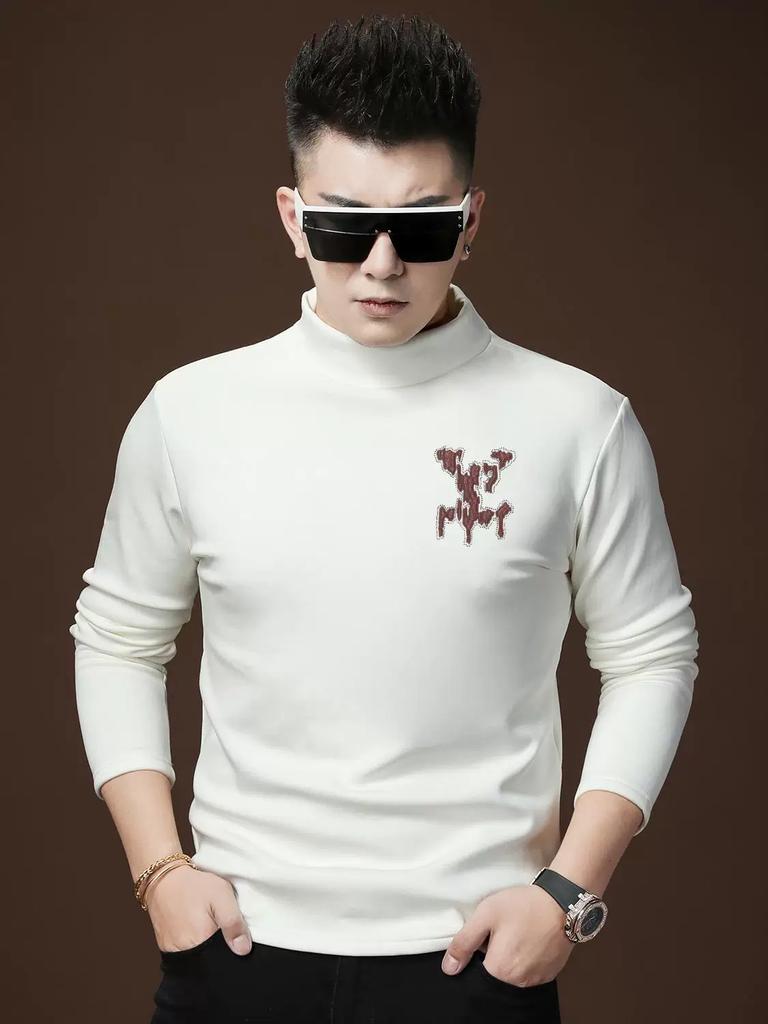 European Style Men's Half-Turtleneck Sweatshirt, Autumn and Winter Fleece-Lined Base Layer, Trendy Brand Print, Warm Inner Wear for Men