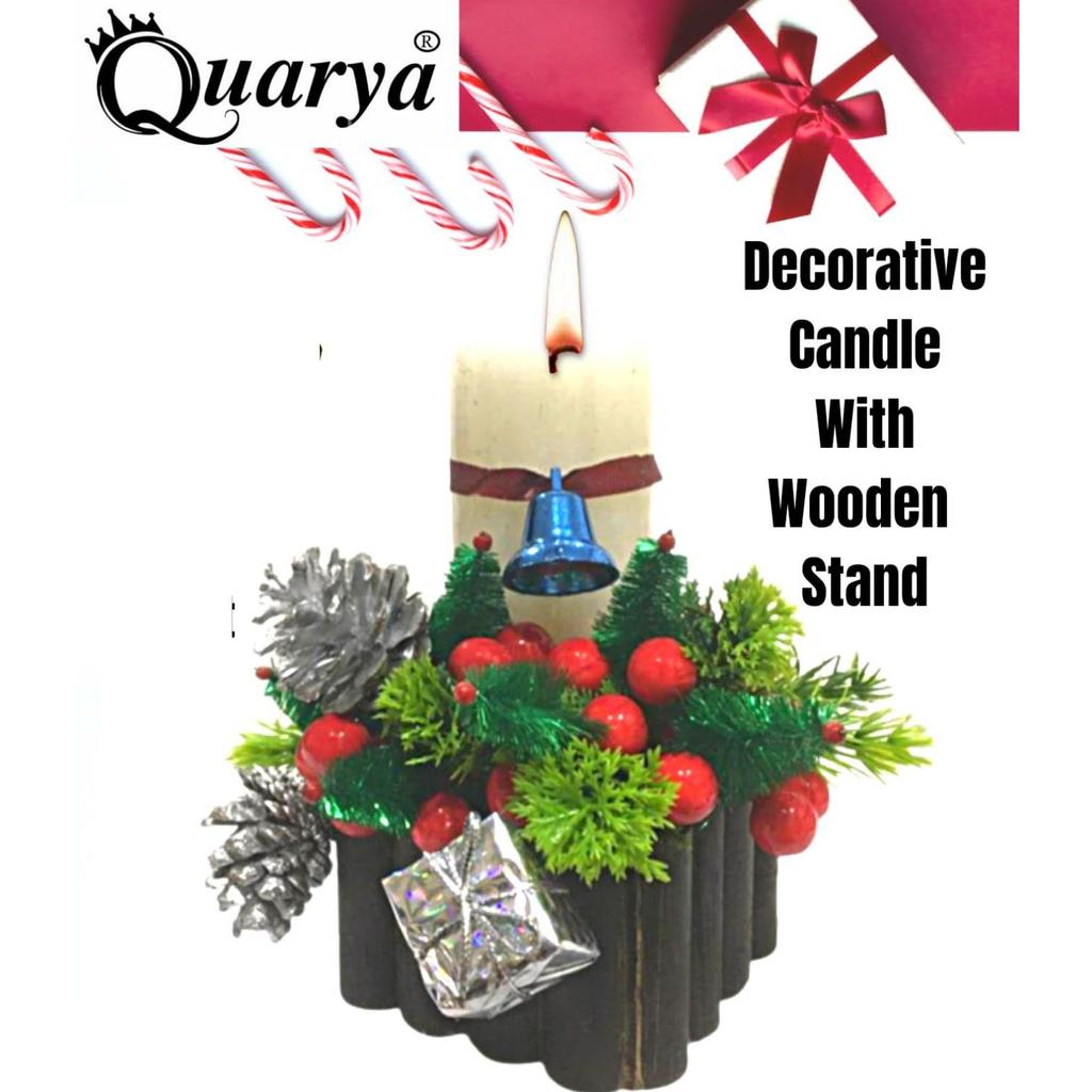 Decorative Candle with Wooden Stand Wax Pillar Design Round Merry Christmas Candles with Decoration Items