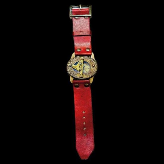 Compass Style Wristwatch with Red Leather Strap  Steampunk Antique Look