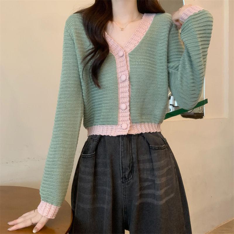 

Французский кардиган с V-образным вырезом и длинными рукавами, вязаный, в стиле колор-блок, женский, весенне-осенний, облегающий, уникальный, французский, нежный, короткий топ one size